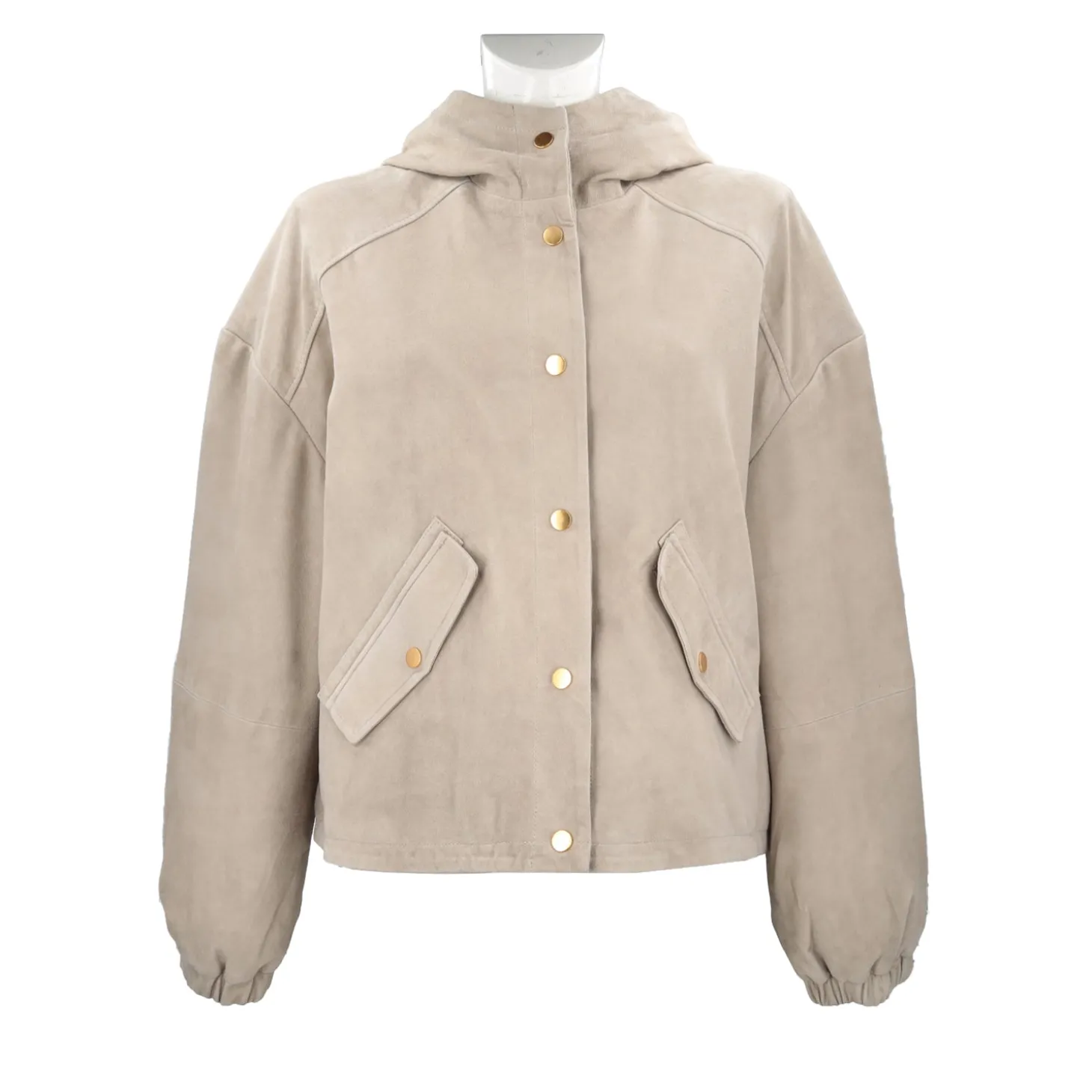 Giubbotto in pelle scamosciata con cappuccio colore beige