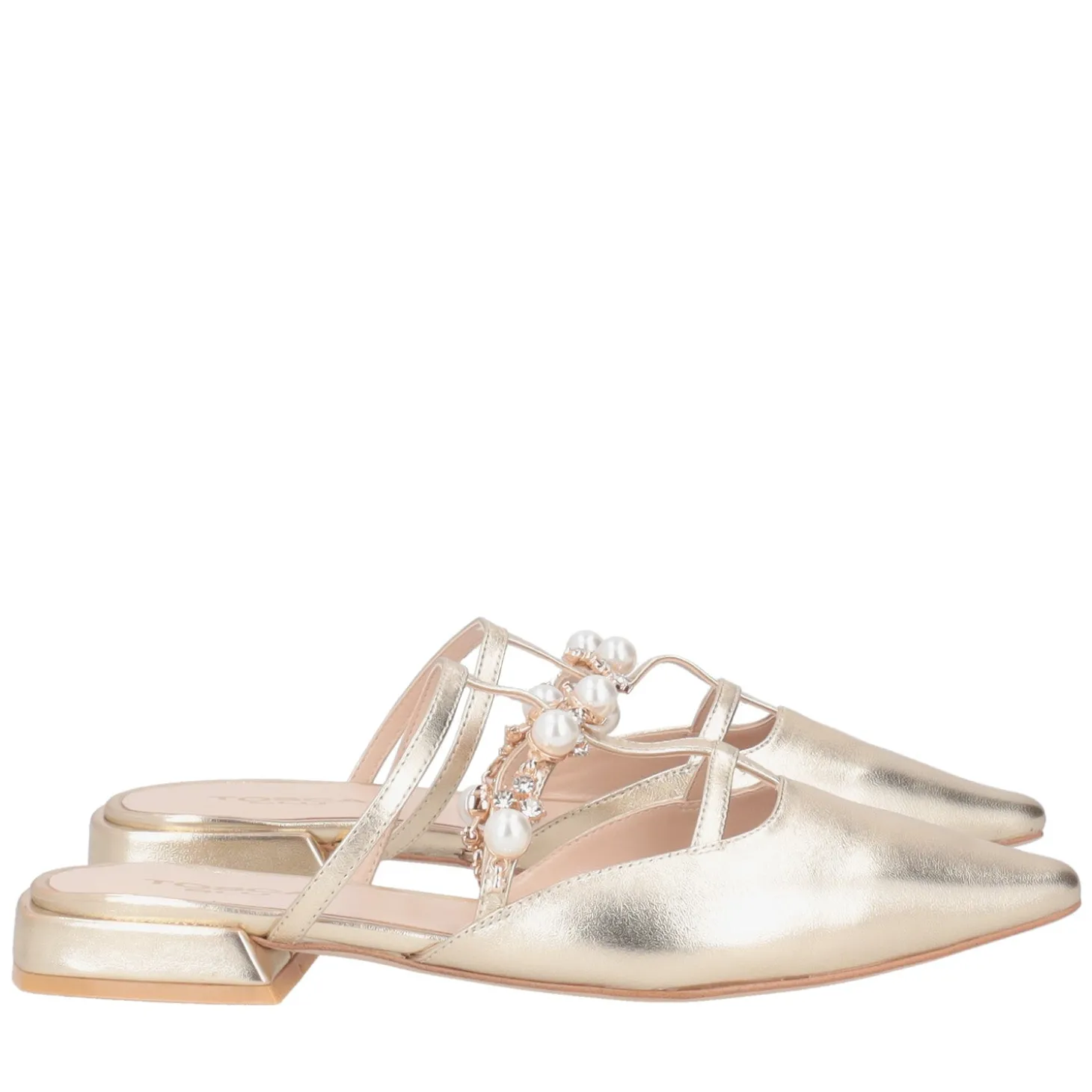 Sabot Iris in pelle con perle e strass colore oro
