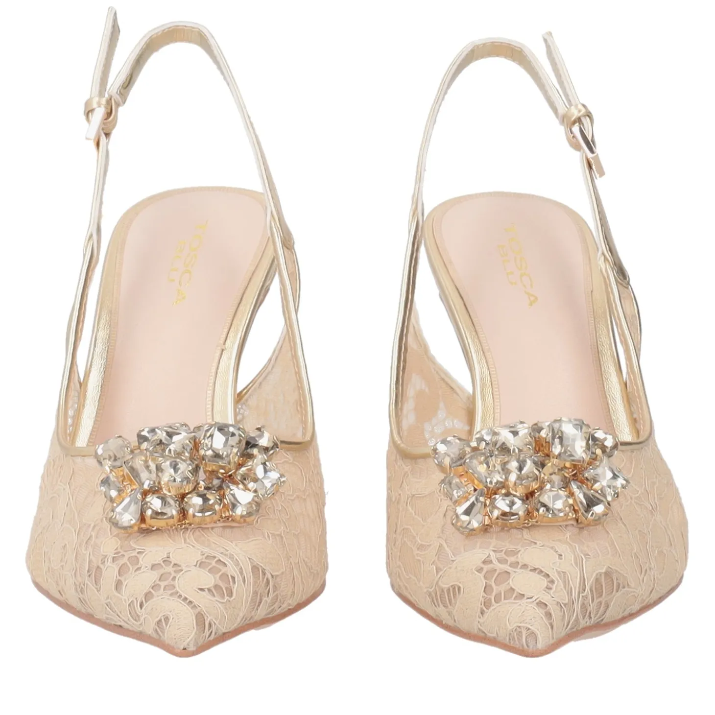 Slingback Laurel in pizzo con accessorio colore oro