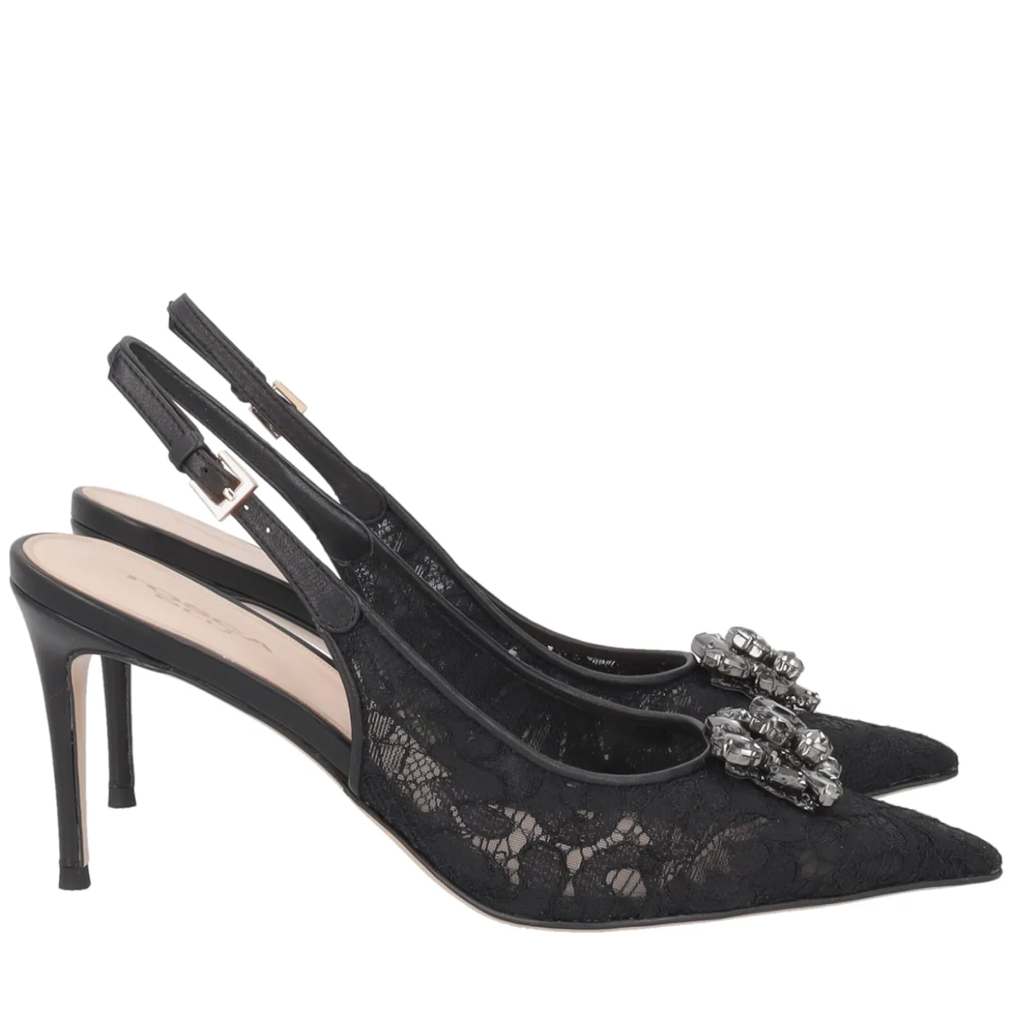 Slingback Laurel in pizzo con accessorio colore nero